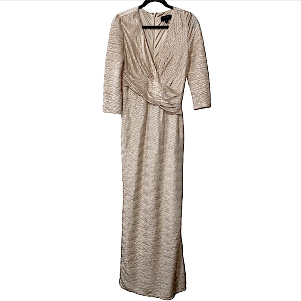 NEW Laundry by Shelli Segal Women’s 10 Sparkly Gold Wave Maxi Dress 3/4 Sleeve